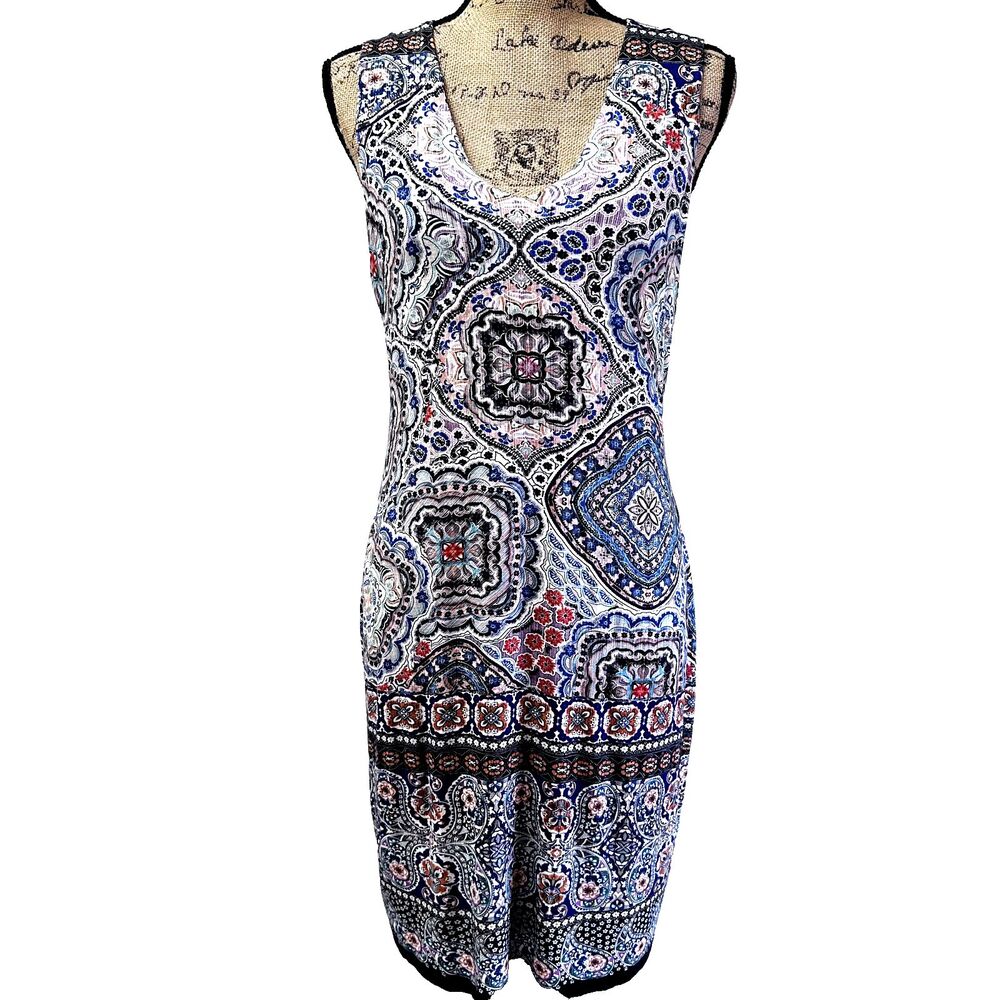 Karen Kane Tuscan Tile Sleeveless Sheath Dress SZ L Multicolor Lined Made in USA